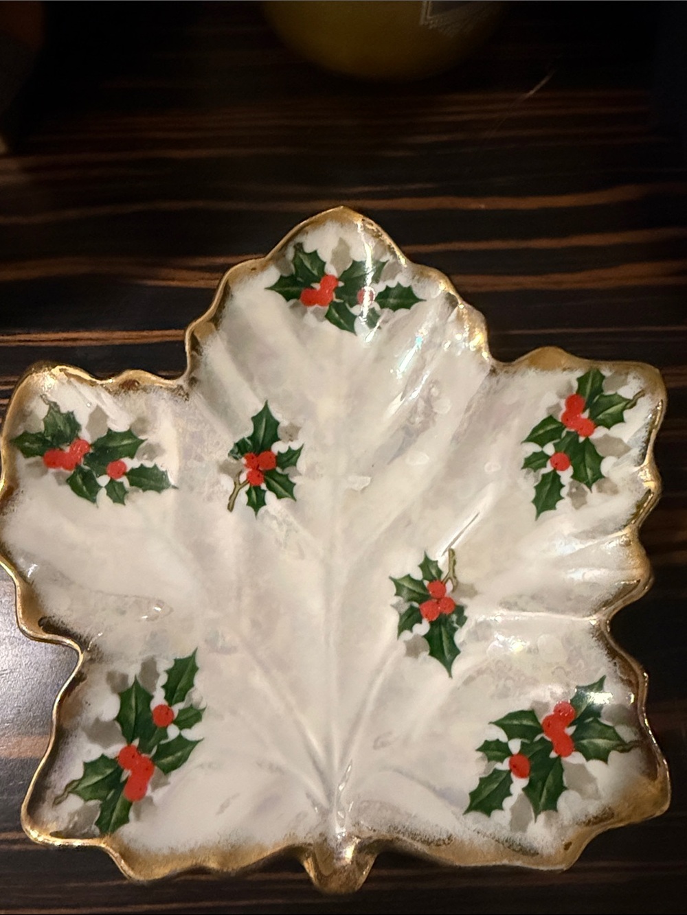 Holiday Holly Leaf Decorative Serving Dish - White with Red & Green